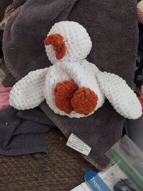 White Plush Crochet Duck with Rust Orange Accents